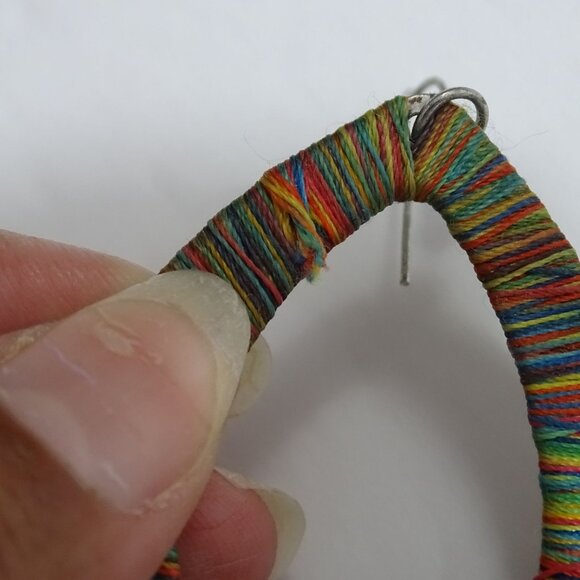 Multicolor Thread Wrapped Teardrop Earrings With Silver Hooks 2.5" x 2" - Picture 5 of 6